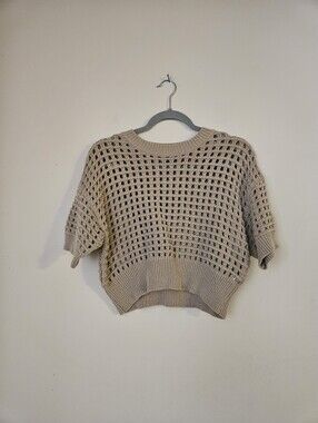 Paper Moon Cropped Chunky Open-Knit Short Sleeve Sweater in Beige, Size Small
